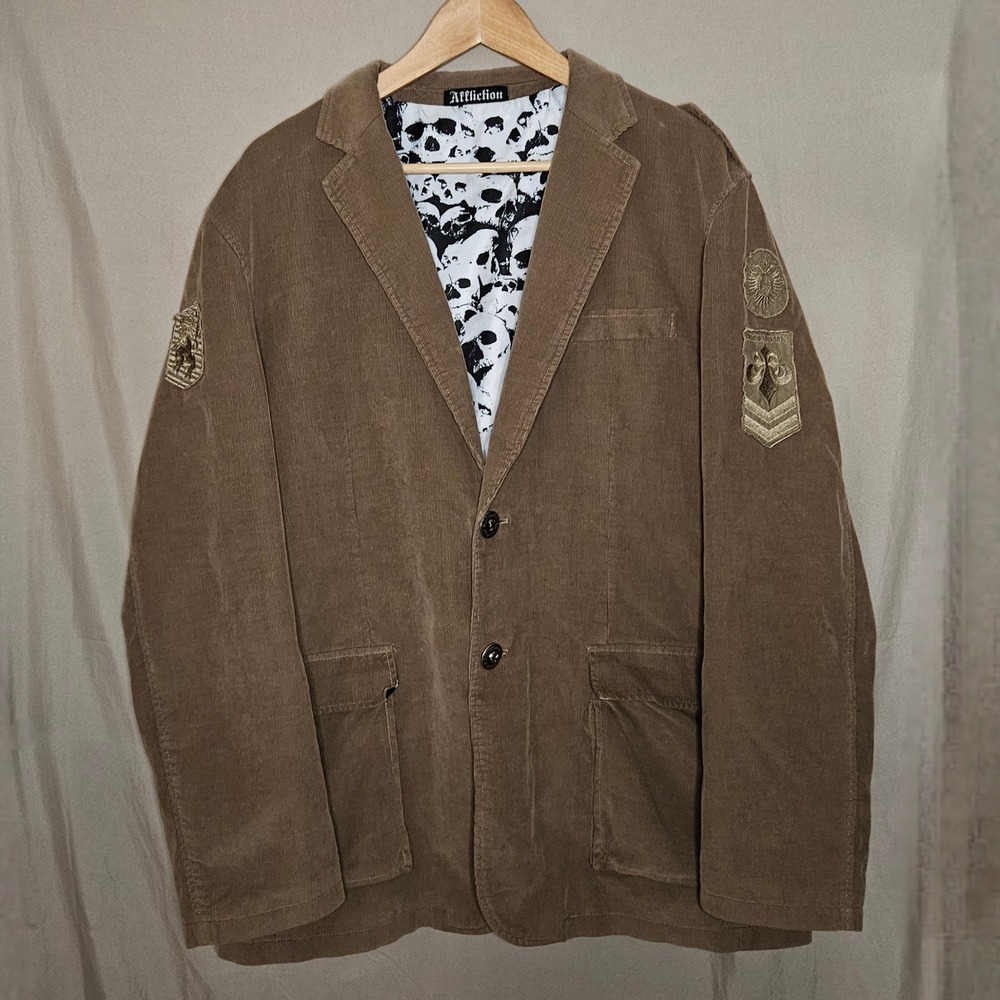 Affliction Mens Corduroy Blazer Jacket Skull Patches Lined
